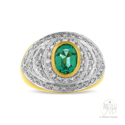 Anello in Oro Giallo/Bianco 18K con Smeraldo e Diamanti