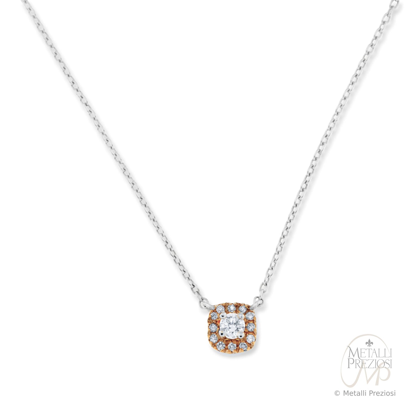 Collana in Oro Bianco 18K con pendente in Oro Rosa 18k con Diamanti